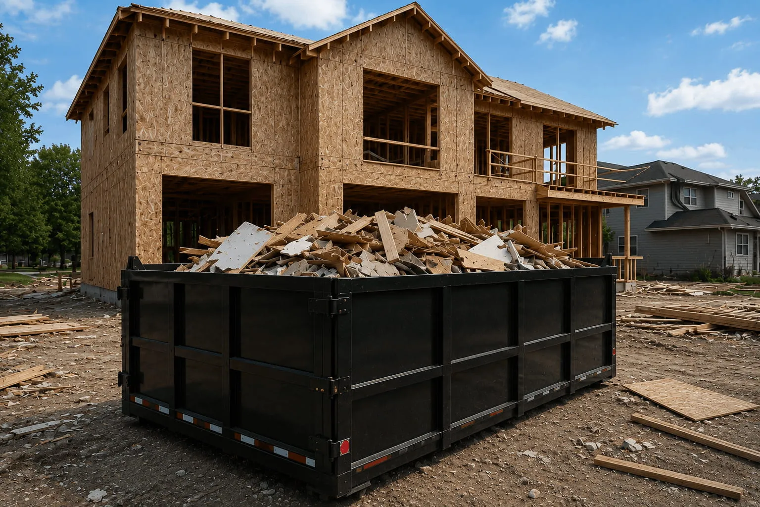A roll-off dumpster staged in a driveway for a home renovation project